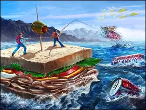 Puszki, Kanapka, Coca-Coli, Morze