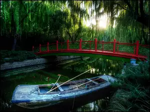 Rzeka, Beijing, Czerwony, Chiny
, Mostek, Łódka