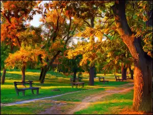 Jesień, Park, Drzewa, Ławka
