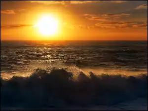 Słońca, Fale, Chmury, Plaża, Zachód, Morze
