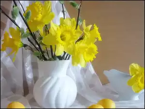 Biały, Żonkile, Wazon, Żółte