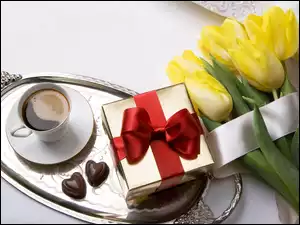 Żółte, Prezencik, Tulipany, Kawa