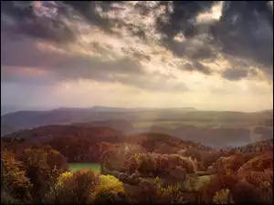 Drzewa, Słońca, Chmury, Promienie