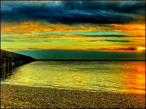 Plaża, Słońca, Morze, Molo, Kamienista, Zachód