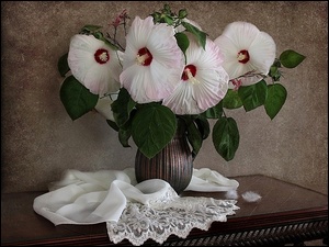 Stolik, Hibiskusy, Szal, Białe
