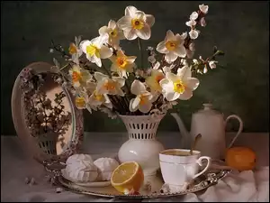 Srebrna, Owoce, Lusterko, Narcyze, Taca, Filiżanka, Beza