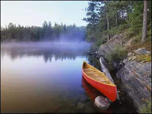 Jezioro, Mgła, Las, Kajak