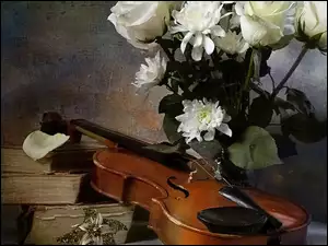 Książki, Bukiet, Skrzypce, Kwiatów, Stare