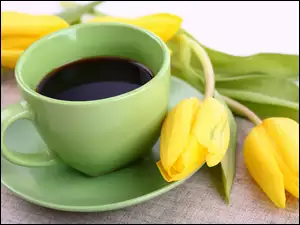 Tulipany, Zielona, Kawa, Filiżanka, Żółte