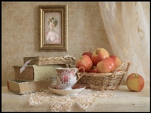 Filiżanka, Książki, Jabłuszka, Fotografia, Koszyk, Stare