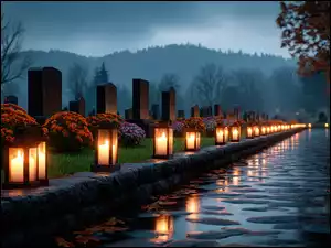 Znicze, Cmentarz, Groby, Grafika AI, Kwiaty, Zaduszki