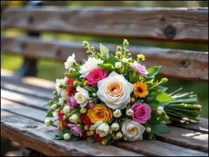 Kwiaty, Kolorowe, Drewniana, AI, Bukiet, Ławka