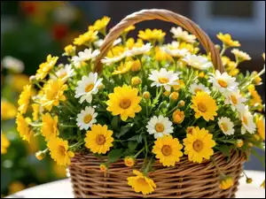 Białe, Żółte, Listki, Koszyk, Kwiaty, Wiklinowy
