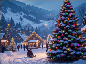 Udekorowana choinka i oświetlone domy w miasteczku w górskiej dolinie zimową porą