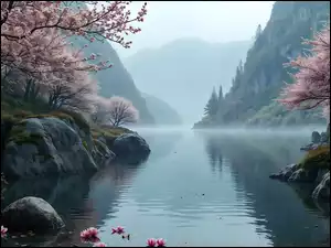 Góry, Jezioro, Drzewa, AI, Skały, Wiosna