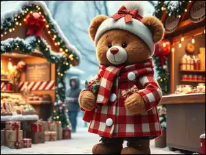 Pluszowy, Czapka, AI, Miś, Świąteczny, Jarmark, Płaszczyk