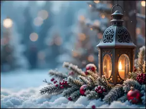 Śnieg, Lampion, Bombki, Boże Narodzenie, Świerkowe, Gałęzie, Świeca