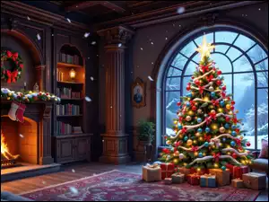 Choinka, Salon, Udekorowana, AI, Okno, Zima, Wieniec, Prezenty, Kominek, Regał, Książki, Boże Narodzenie