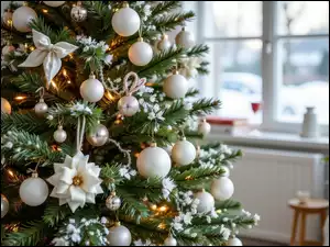 Białe, Ozdoby, Grafika AI, Choinka, Boże Narodzenie, Okno, Bombki