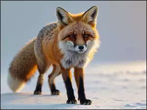 Rudy lis z puszystym ogonem na śniegu w zbliżeniu