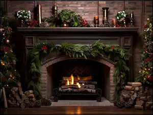 Dekoracje, Grafika AI, Kominek, Choinki, Boże Narodzenie