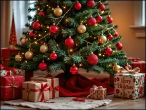 Choinka, Boże Narodzenie, Czerwone, Prezenty, Złote, Bombki