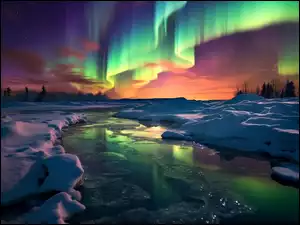 Grafika AI, Zima, Rzeka, Zorza polarna