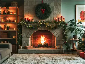 Kominek, Grafika AI, Choinka, Boże Narodzenie, Dekoracje