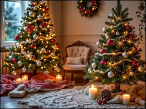 Pokój, Boże Narodzenie, Choinki, Świece, Dwie, Fotel