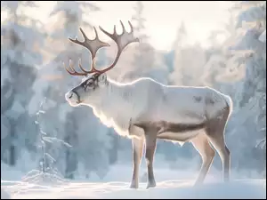 Drzewa, Ośnieżone, Zima, Renifer, Krzewy