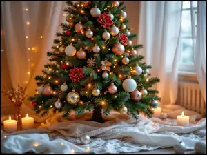 Choinka, Boże Narodzenie, Firanka, Świece, Okno, Kominek