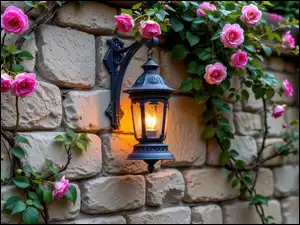Kwiaty, Lampa, Ściana, Murowana, Róże