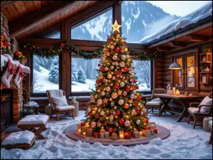 Okno, Boże Narodzenie, Kominek, Zima, Choinka, Krzesła, Al, Bombki