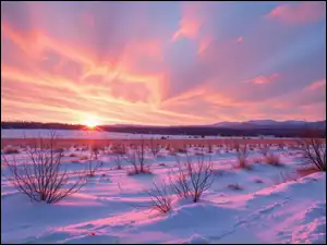 Zachód słońca, Zima, Niebo, Pola, Kolorowe, Ośnieżone