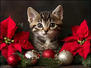 Mały, Kot, Kwiaty, Bombki, Kotek, Gwiazda betlejemska