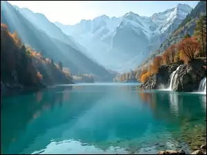 Góry nad jeziorem we mglez wodospadami między drzewami jesiennymi