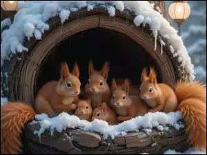 Śnieg, Lampiony, Dziupla, Wiewiórki, Zima