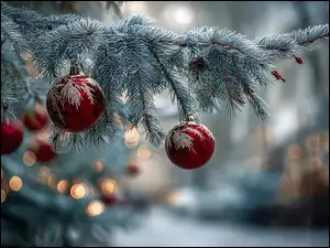 Czerwone, Boże Narodzenie, Gałązka, Grafika AI, Bombki, Świerk