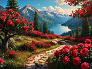 Czerwone róże przy drodze na tle gór