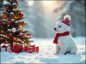 Biały szczeniak w czapce i szaliku obok prezentów pod udekorowaną choinką na śniegu