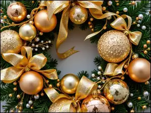 Wianek, Bombki, AI, Boże Narodzenie, Gałązki, Złote, Kokardy