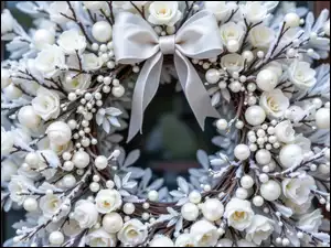 Białe, Boże Narodzenie, Ośnieżone, Kokarda, Wianek, Kwiaty, AI, Gałązki