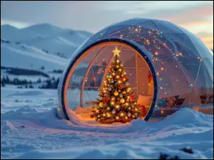 Udekorowana choinka w igloo na tle gór