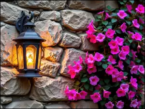 Ściana, Murowana, Lampa, Kwiaty, Świecąca, Purpurowe