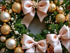 Złote, Wieniec, Kokardy, Grafika AI, Bombki, Boże Narodzenie