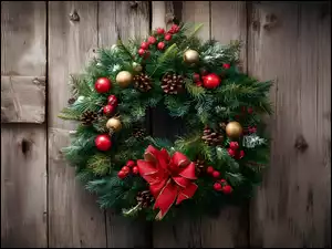 Świąteczny wianek z bombkami i czerwoną kokardą
