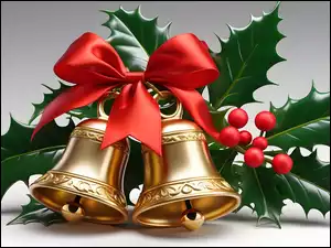 Dwa złote dzwonki udekorowane czerwoną kokardą i gałązką ostrokrzewu