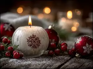 Biała, Boże Narodzenie, Czerwone, Grafika AI, Świeca, Bombki