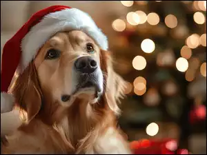 Czapka, AI, Golden retriever, Pies, Mikołaja