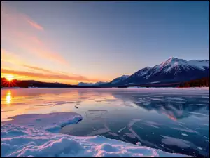 Zachód słońca, Zima, Góry, Drzewa, Jezioro, Śnieg